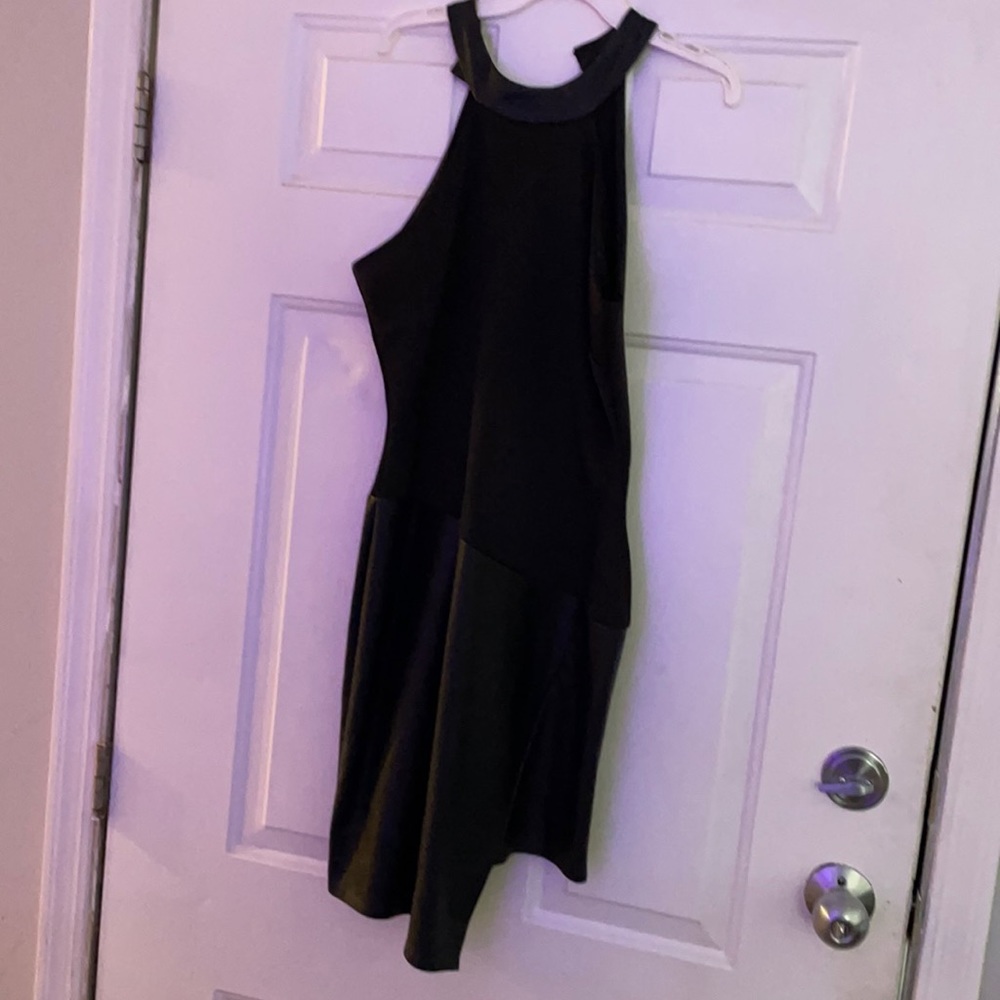 Black mini halter top dress with leather bottom